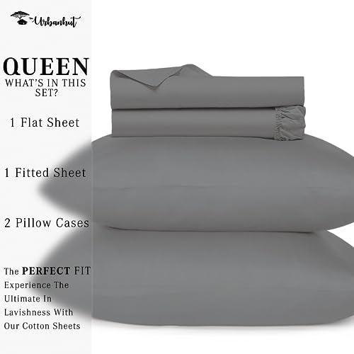 URBANHUT 100% Cotton Queen Sheets Set (4Pc), 700 Thread Count, Soft Luxury Bed Sheets for Queen Size Bed, Sateen Weave Hotel Sheets, 16'' Elasticized Deep Pocket - Dark Grey - SHOP NO2CO2