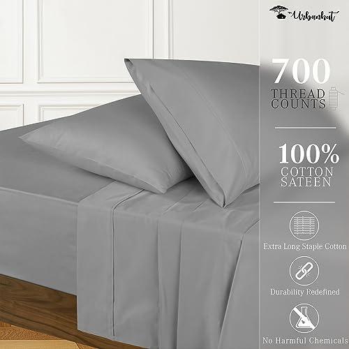 URBANHUT 100% Cotton Queen Sheets Set (4Pc), 700 Thread Count, Soft Luxury Bed Sheets for Queen Size Bed, Sateen Weave Hotel Sheets, 16'' Elasticized Deep Pocket - Dark Grey - SHOP NO2CO2