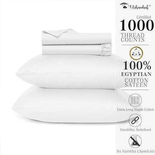 URBANHUT 100% Egyptian Cotton Sheets - 1000 Thread Count California King White Sheet Set (4Pc), Long Staple Cotton Sheets, All Season Sateen Weave, Luxury Hotel Calking Bedsheets,16" Deep Pocket - SHOP NO2CO2