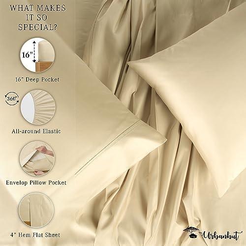 URBANHUT 1000 Thread Count 100% Solid Cotton California King Sheet Set, Luxury Bedding Set for Cal King Bed, All Season Sateen Weave Hotel Bedsheets, 16" Elasticized Deep Pocket, Comfy -Sand (4Pc) - SHOP NO2CO2