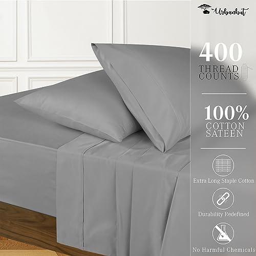 URBANHUT Full Size Sheets Sets (4Pc), 100% Cotton Sheets, 400 Thread Count, Soft & Smooth Luxury Sateen Weave Full Sheets Set - Cooling Sheets with 14'' Elasticized Deep Pockets - Dark Grey - SHOP NO2CO2