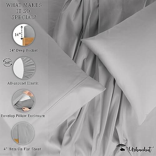 URBANHUT Full Size Sheets Sets (4Pc), 100% Cotton Sheets, 400 Thread Count, Soft & Smooth Luxury Sateen Weave Full Sheets Set - Cooling Sheets with 14'' Elasticized Deep Pockets - Dark Grey - SHOP NO2CO2