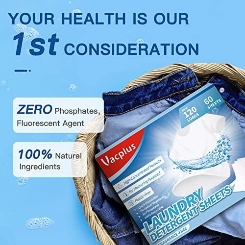 Vacplus Laundry Detergent Sheets Natural - (120 Loads) 60 Sheets Fragrance Free Liquidless Bulk Laundry Detergent, Biodegradable Laundry Strips, Travel-Friendly & Plastic-Free Efficient Laundry Detergent - SHOP NO2CO2