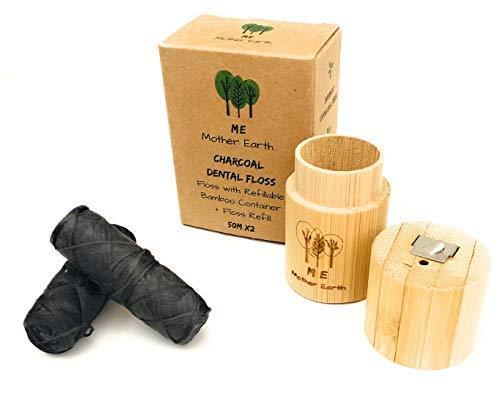 Vegan Biodegradable Bamboo Charcoal Dental Floss with Refillable Bamboo Container | Free Refill | Natural Candelilla Wax | 55yds x2 | Peppermint Essential Oil | Eco Friendly | Zero Waste Oral Care - SHOP NO2CO2