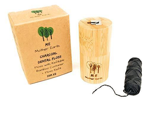 Vegan Biodegradable Bamboo Charcoal Dental Floss with Refillable Bamboo Container | Free Refill | Natural Candelilla Wax | 55yds x2 | Peppermint Essential Oil | Eco Friendly | Zero Waste Oral Care - SHOP NO2CO2