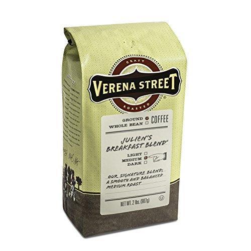 Verena Street 2 Pound Ground Coffee, Medium Roast, Julien's Breakfast Blend, Rainforest Alliance Certified Arabica Coffee - SHOP NO2CO2