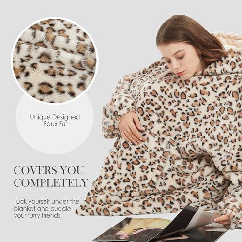 Viviland Blanket Hoodie Oversized Sweatshirt Soft Warm Giant Pullover with Large Front Pocket,Gifts for Women Men Teenagers, Cheetah Print Beige - SHOP NO2CO2