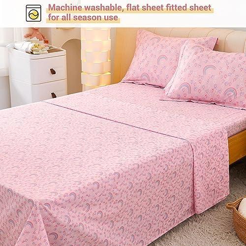 Viviland Full Pink Rainbow Comforter Set for Girls, Kids Brushed Microfiber Full Bedding Set, 7 Pieces Bed in A Bag, Girls Comforters with Sheet Set, Shams, Love Heart Printed, Machine Washable - SHOP NO2CO2