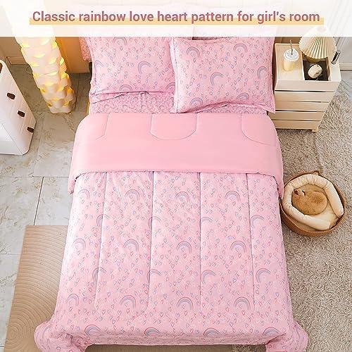 Viviland Full Pink Rainbow Comforter Set for Girls, Kids Brushed Microfiber Full Bedding Set, 7 Pieces Bed in A Bag, Girls Comforters with Sheet Set, Shams, Love Heart Printed, Machine Washable - SHOP NO2CO2