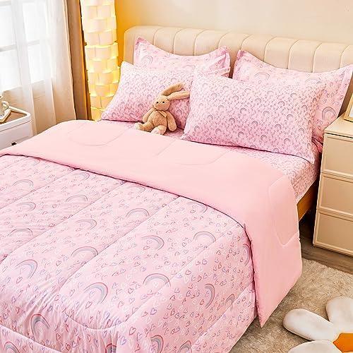 Viviland Full Pink Rainbow Comforter Set for Girls, Kids Brushed Microfiber Full Bedding Set, 7 Pieces Bed in A Bag, Girls Comforters with Sheet Set, Shams, Love Heart Printed, Machine Washable - SHOP NO2CO2