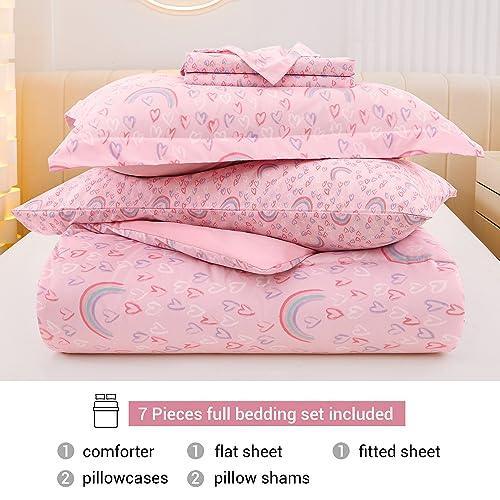 Viviland Full Pink Rainbow Comforter Set for Girls, Kids Brushed Microfiber Full Bedding Set, 7 Pieces Bed in A Bag, Girls Comforters with Sheet Set, Shams, Love Heart Printed, Machine Washable - SHOP NO2CO2