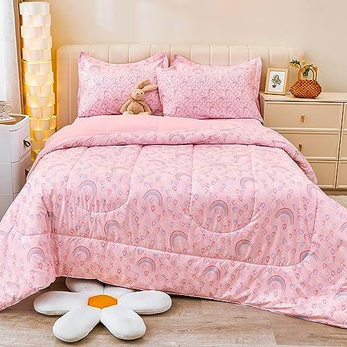 Viviland Full Pink Rainbow Comforter Set for Girls, Kids Brushed Microfiber Full Bedding Set, 7 Pieces Bed in A Bag, Girls Comforters with Sheet Set, Shams, Love Heart Printed, Machine Washable - SHOP NO2CO2