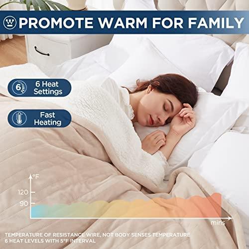 Westinghouse Electric Blanket Throw Heated Blanket with 6 Heating Levels and 2-10 Hours Time Settings, Flannel to Sherpa Super Cozy Heated Blanket Machine Washable, 50x60 inch, Beige - SHOP NO2CO2