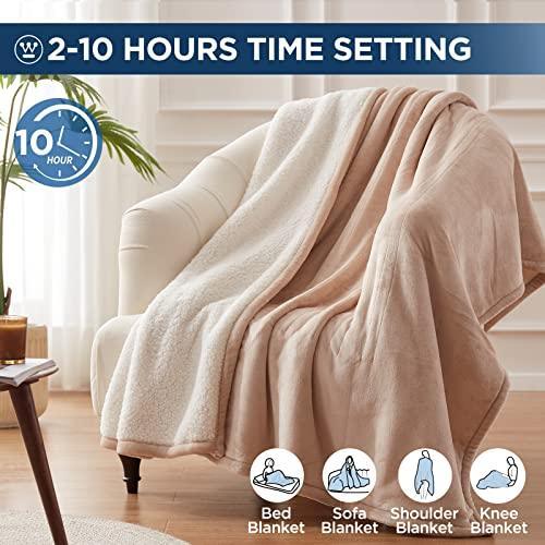 Westinghouse Electric Blanket Throw Heated Blanket with 6 Heating Levels and 2-10 Hours Time Settings, Flannel to Sherpa Super Cozy Heated Blanket Machine Washable, 50x60 inch, Beige - SHOP NO2CO2