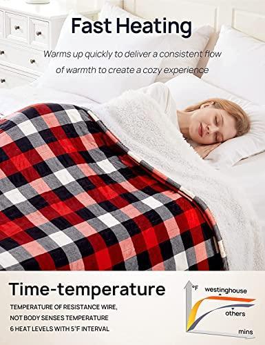 Westinghouse Heated Blanket Electric Blanket, Plaid Sherpa Heating Blanket, 10 Heating Levels & 1 to 12 Hours Heating Time Settings, Red Plaid, 72"x84" Full Size - SHOP NO2CO2