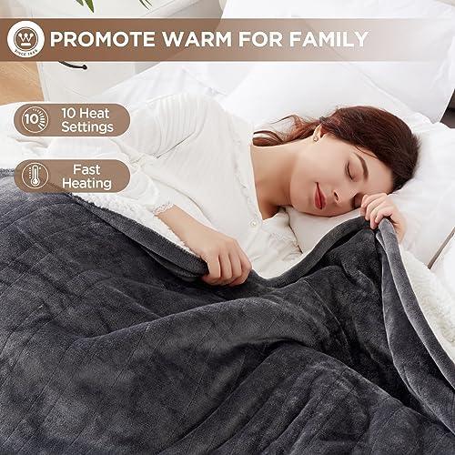 Westinghouse Heated Blanket Queen Size, Soft Flannel to Sherpa Electric Blanket with 10 Heating Levels, 12 Hours Auto Off, Fast Heating Blanket, Machine Washable, 84x90 Inch, Charcoal - SHOP NO2CO2