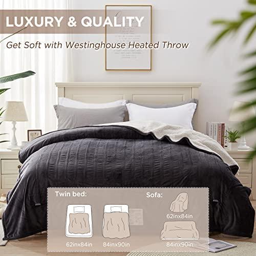 Westinghouse Heated Blanket Queen Size, Soft Flannel to Sherpa Electric Blanket with 10 Heating Levels, 12 Hours Auto Off, Fast Heating Blanket, Machine Washable, 84x90 Inch, Charcoal - SHOP NO2CO2