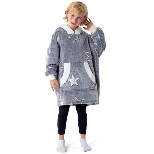 Winthome Oversized Wearable Blanket Hoodie for Kids Boys Girls, Glow in The Dark Hooded Sherpa Flannel Sweatshirt 7-12 YR Soft Plush Cozy Warm Gift - SHOP NO2CO2