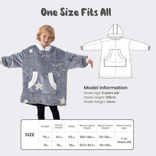 Winthome Oversized Wearable Blanket Hoodie for Kids Boys Girls, Glow in The Dark Hooded Sherpa Flannel Sweatshirt 7-12 YR Soft Plush Cozy Warm Gift - SHOP NO2CO2