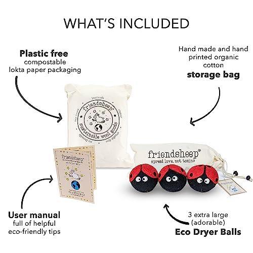 Wool Dryer Balls by Friendsheep 3 Pack XL Organic Premium Reusable Cruelty Free Handmade Fair Trade No Lint Fabric Softener Ladybug Trio - SHOP NO2CO2