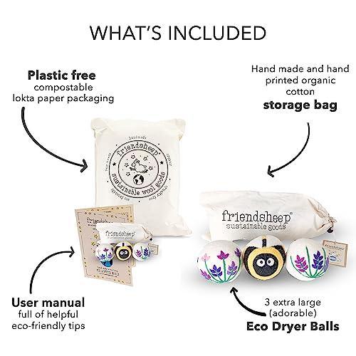 Wool Dryer Balls by Friendsheep 3 Pack XL Organic Premium Reusable Cruelty Free Handmade Fair Trade No Lint Fabric Softener Lavender Fields Bee Flower - SHOP NO2CO2