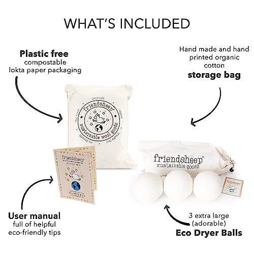 Wool Dryer Balls by Friendsheep 3 Pack XL Organic Premium Reusable Cruelty Free Handmade Fair Trade No Lint Fabric Softener White Trio - SHOP NO2CO2