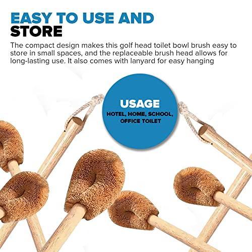 WorldFront Naturals Toilet Bowl Brush - Natural Coconut Fiber Golf Head & Long Wooden Handle for Effective Cleaning for Bathroom Toilet - Eco-Friendly & Durable - 2 Pack Brushes with 2 Wall Hooks - SHOP NO2CO2