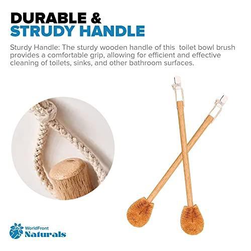 WorldFront Naturals Toilet Bowl Brush - Natural Coconut Fiber Golf Head & Long Wooden Handle for Effective Cleaning for Bathroom Toilet - Eco-Friendly & Durable - 2 Pack Brushes with 2 Wall Hooks - SHOP NO2CO2