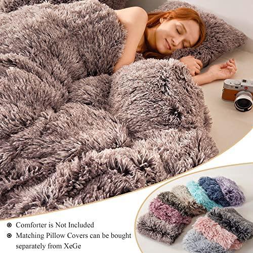 XeGe Plush Shaggy Duvet Cover, Luxury Ultra Soft Crystal Velvet Fuzzy Bedding 1PC(1 Faux Fur Duvet Cover), Fluffy Furry Comforter Cover with Zipper Closure (Queen, Chocolate Ombre) - SHOP NO2CO2