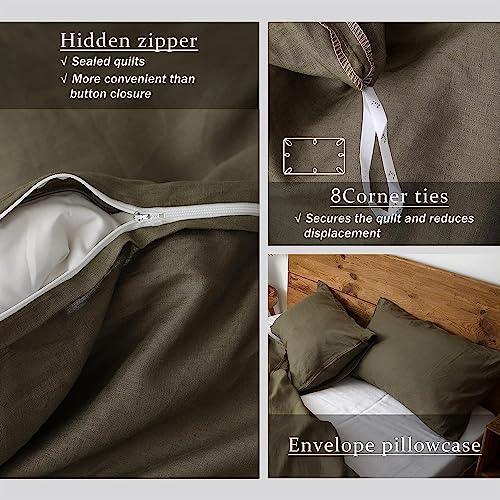 XZ XIFA Olive Green Linen Duvet Cover Full, 100% Washed French Flax Linen Bedding Set with Zipper Closure, Cooling & Textured Bed Sets for Hot Sleepers(1 Duvet Cover, 2 Pillowcases) - SHOP NO2CO2