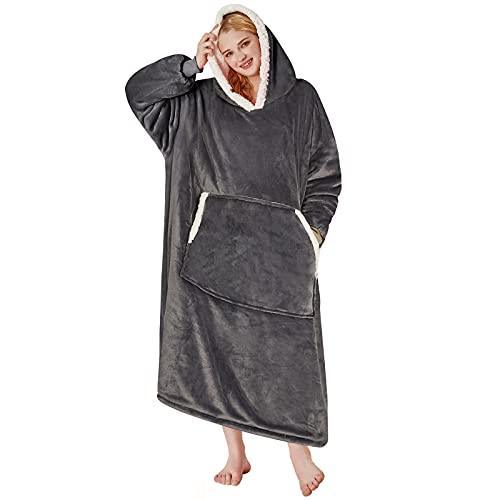 yescool Oversized Wearable Blanket Hoodie, Flannel Sherpa Fleece Blanket Sweatshirt for Adults Women Men, Big Plush Cozy Hooded Blanket with Hood, Pocket & Sleeves, One Size Fits All (Grey) - SHOP NO2CO2