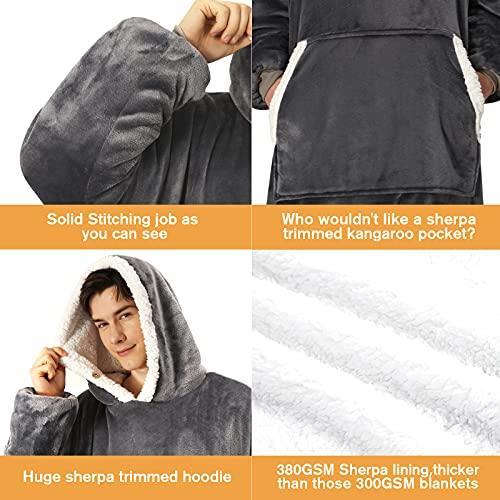 yescool Oversized Wearable Blanket Hoodie, Flannel Sherpa Fleece Blanket Sweatshirt for Adults Women Men, Big Plush Cozy Hooded Blanket with Hood, Pocket & Sleeves, One Size Fits All (Grey) - SHOP NO2CO2