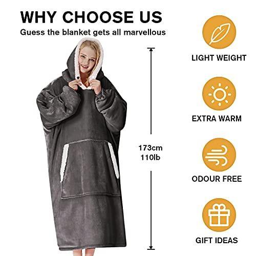 yescool Oversized Wearable Blanket Hoodie, Flannel Sherpa Fleece Blanket Sweatshirt for Adults Women Men, Big Plush Cozy Hooded Blanket with Hood, Pocket & Sleeves, One Size Fits All (Grey) - SHOP NO2CO2