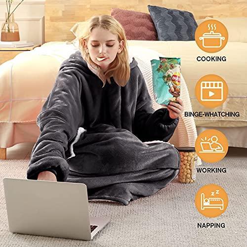 yescool Oversized Wearable Blanket Hoodie, Flannel Sherpa Fleece Blanket Sweatshirt for Adults Women Men, Big Plush Cozy Hooded Blanket with Hood, Pocket & Sleeves, One Size Fits All (Grey) - SHOP NO2CO2