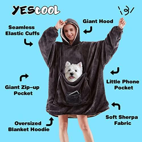 yescool Wearable Blanket Hoodie, Oversized Sherpa Hooded Blanket Sweatshirt, Giant Warm Fuzzy Fleece Lounging Blanket with Hood Sleeves Pocket, Soft Comfort Packable for Women Men Adults (Grey) - SHOP NO2CO2