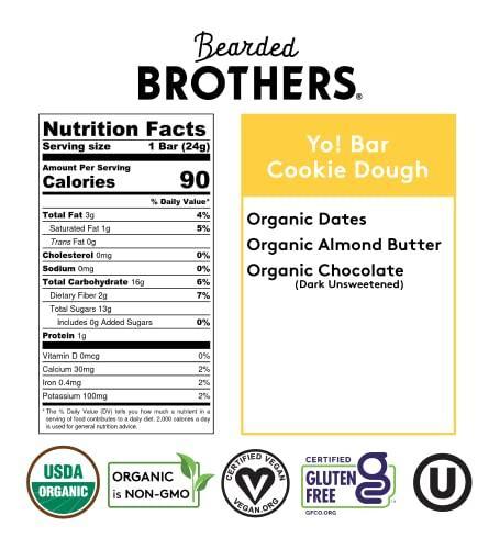 Yo! Bar by Bearded Brothers Vegan Organic Kids Bar | Gluten Free, Paleo and Whole 30 | Soy Free, Non GMO, Low Glycemic, No Sugar Added, Fiber + Whole Foods | Cookie Dough | 25 Bars - SHOP NO2CO2