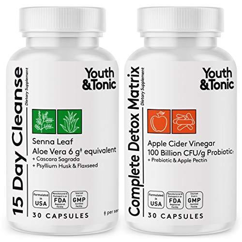 Youth & Tonic Colon Cleanser & Detox for Loss of Waste, Breaking The Plateau, Bloating. 60 Pills for Cleanse with Senna Leaf, Apple Cider Vinegar, Glucomannan and More - SHOP NO2CO2