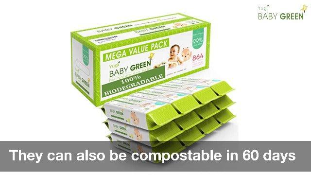 Yugi Baby Green Wipes Unscented Compostable Biodegradable and Organic– Value Pack (12 Packs of 72) 864 for Sensitive Skin & Nose - SHOP NO2CO2