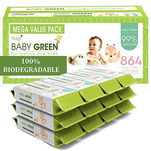 Yugi Baby Green Wipes Unscented Compostable Biodegradable and Organic– Value Pack (12 Packs of 72) 864 for Sensitive Skin & Nose - SHOP NO2CO2