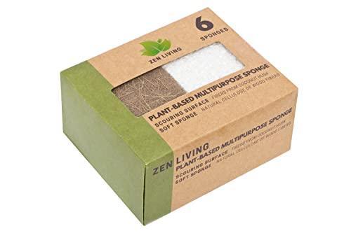 Zen Living Natural Sponge - Eco-Friendly Scrub Sponges for Kitchen - Non Scratch Odor Free Biodegradable Plant Based Scrubber Pads for Cleaning Dishes - Best Wooden Pulp Sponge (Brown-White, 6 Pack) - SHOP NO2CO2