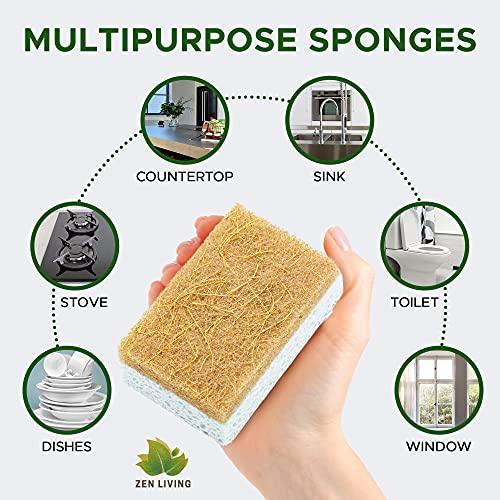 Zen Living Natural Sponge - Eco-Friendly Scrub Sponges for Kitchen - Non Scratch Odor Free Biodegradable Plant Based Scrubber Pads for Cleaning Dishes - Best Wooden Pulp Sponge (Brown-White, 6 Pack) - SHOP NO2CO2