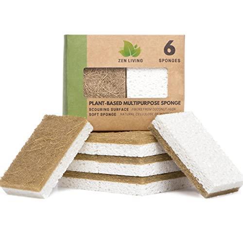 Zen Living Natural Sponge - Eco-Friendly Scrub Sponges for Kitchen - Non Scratch Odor Free Biodegradable Plant Based Scrubber Pads for Cleaning Dishes - Best Wooden Pulp Sponge (Brown-White, 6 Pack) - SHOP NO2CO2