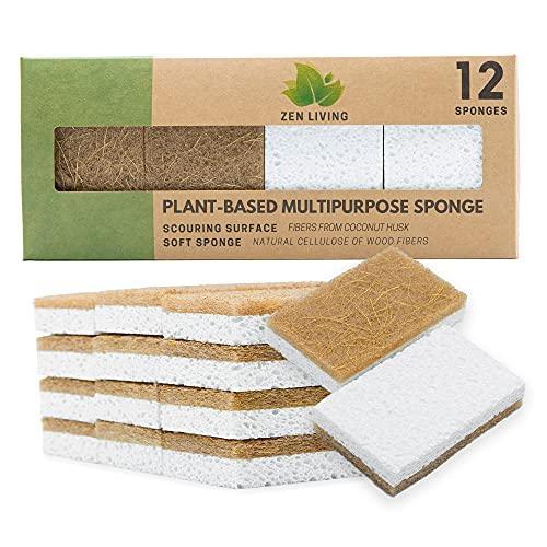 Zen Living Natural Sponge - Eco-Friendly Scrub Sponges for Kitchen - Non Scratch Odor Free Biodegradable Plant Based Scrubber Pads for Cleaning Dishes - Best Wooden Pulp Sponge (Brown-White, 12 Pack) - SHOP NO2CO2