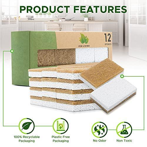 Zen Living Natural Sponge - Eco-Friendly Scrub Sponges for Kitchen - Non Scratch Odor Free Biodegradable Plant Based Scrubber Pads for Cleaning Dishes - Best Wooden Pulp Sponge (Brown-White, 12 Pack) - SHOP NO2CO2